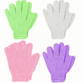 4 pares de guantes exfoliantes de doble textura en blanco, verde, morado y rosa