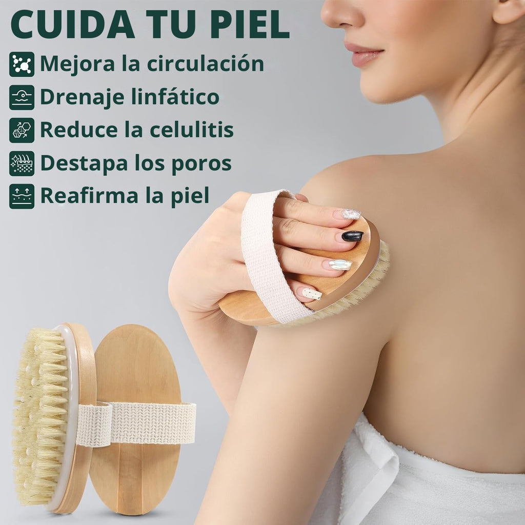 Juego de cepillos secos con 3 cabezales de repuesto para cuerpo y Cepillo exfoliante de cerdas naturales de mango largo para drenaje linfático y cuidado de celulitis