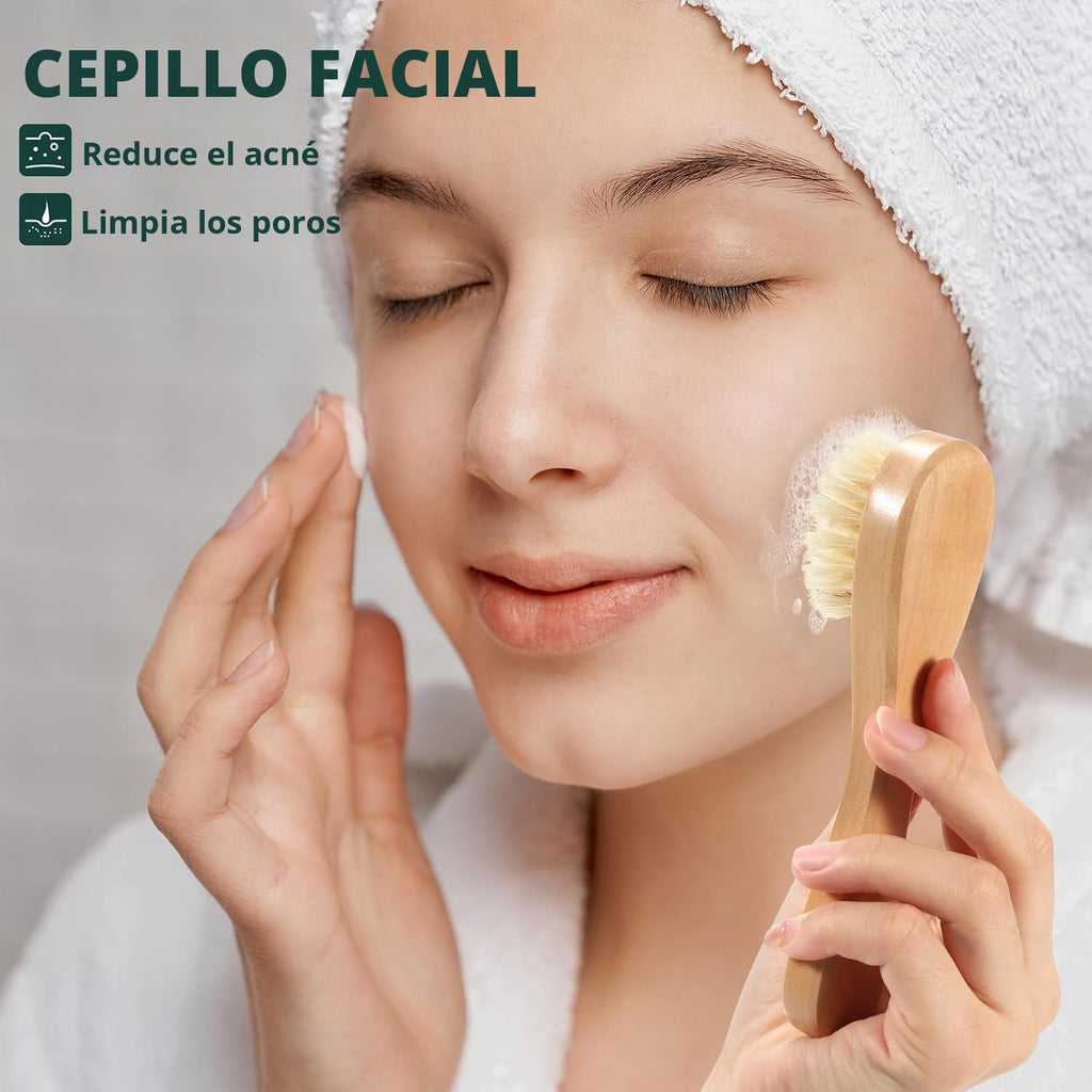 Juego de cepillos secos con 3 cabezales de repuesto para cuerpo y Cepillo exfoliante de cerdas naturales de mango largo para drenaje linfático y cuidado de celulitis