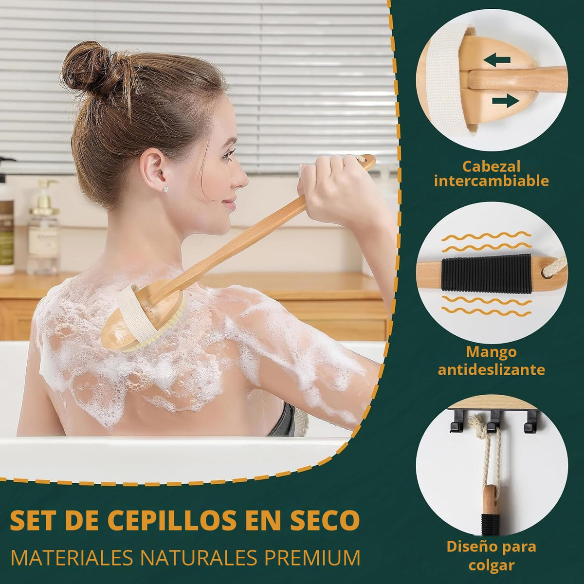 Juego de cepillos secos con 3 cabezales de repuesto para cuerpo y Cepillo exfoliante de cerdas naturales de mango largo para drenaje linfático y cuidado de celulitis
