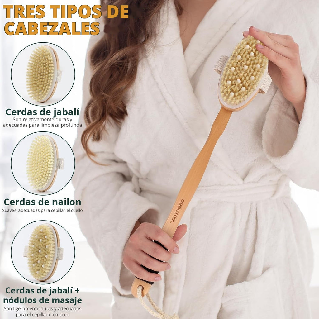 Juego de cepillos secos con 3 cabezales de repuesto para cuerpo y Cepillo exfoliante de cerdas naturales de mango largo para drenaje linfático y cuidado de celulitis
