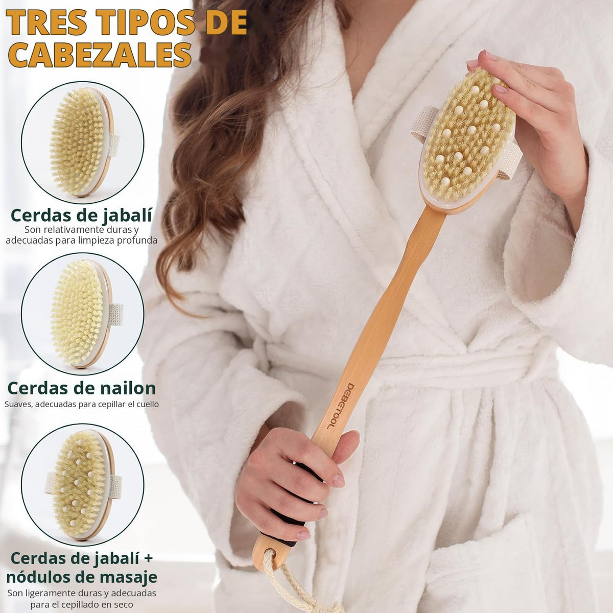Juego de cepillos secos con 3 cabezales de repuesto para cuerpo y Cepillo exfoliante de cerdas naturales de mango largo para drenaje linfático y cuidado de celulitis