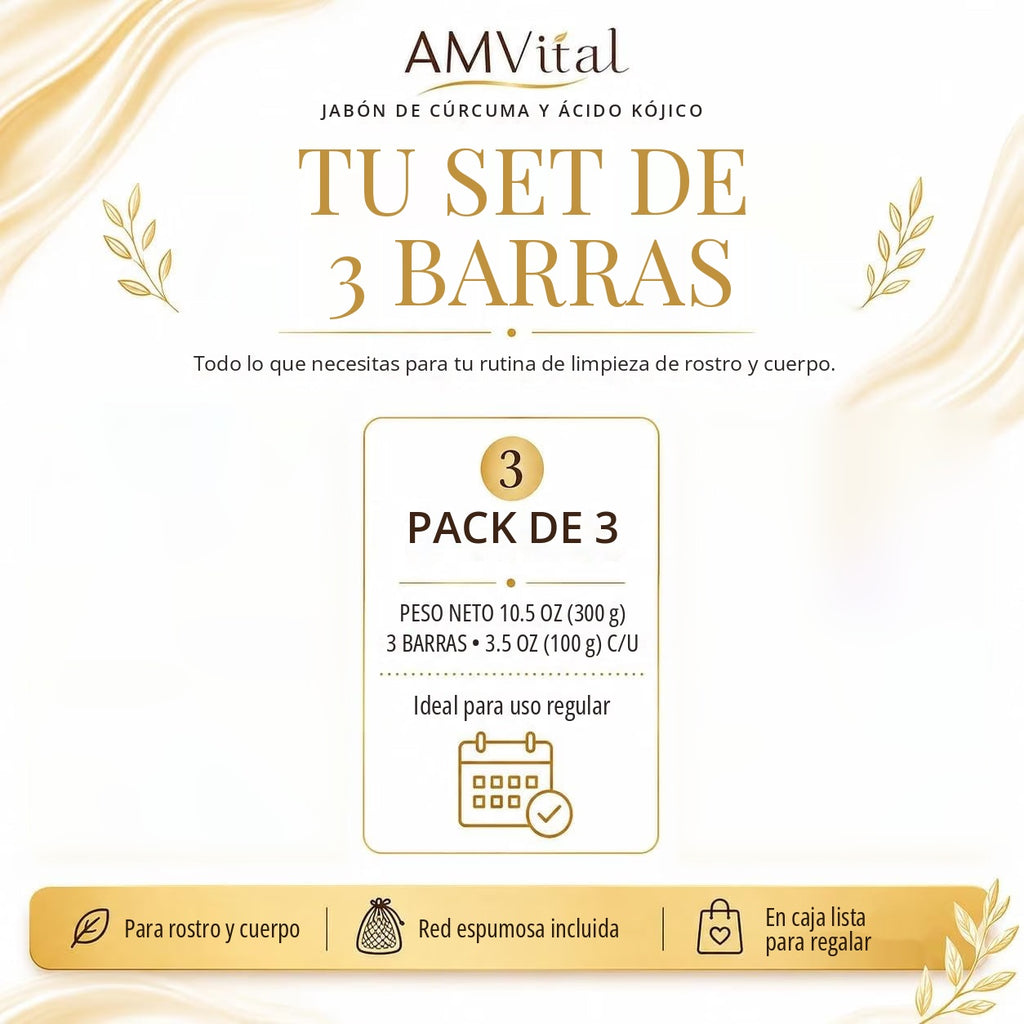 Barra de Jabón de Cúrcuma y Ácido Kójico Paquete de 3 para Cuerpo y Rostro, Hecha con Ingredientes Naturales, Jabón Suave, para Todo Tipo de Piel
