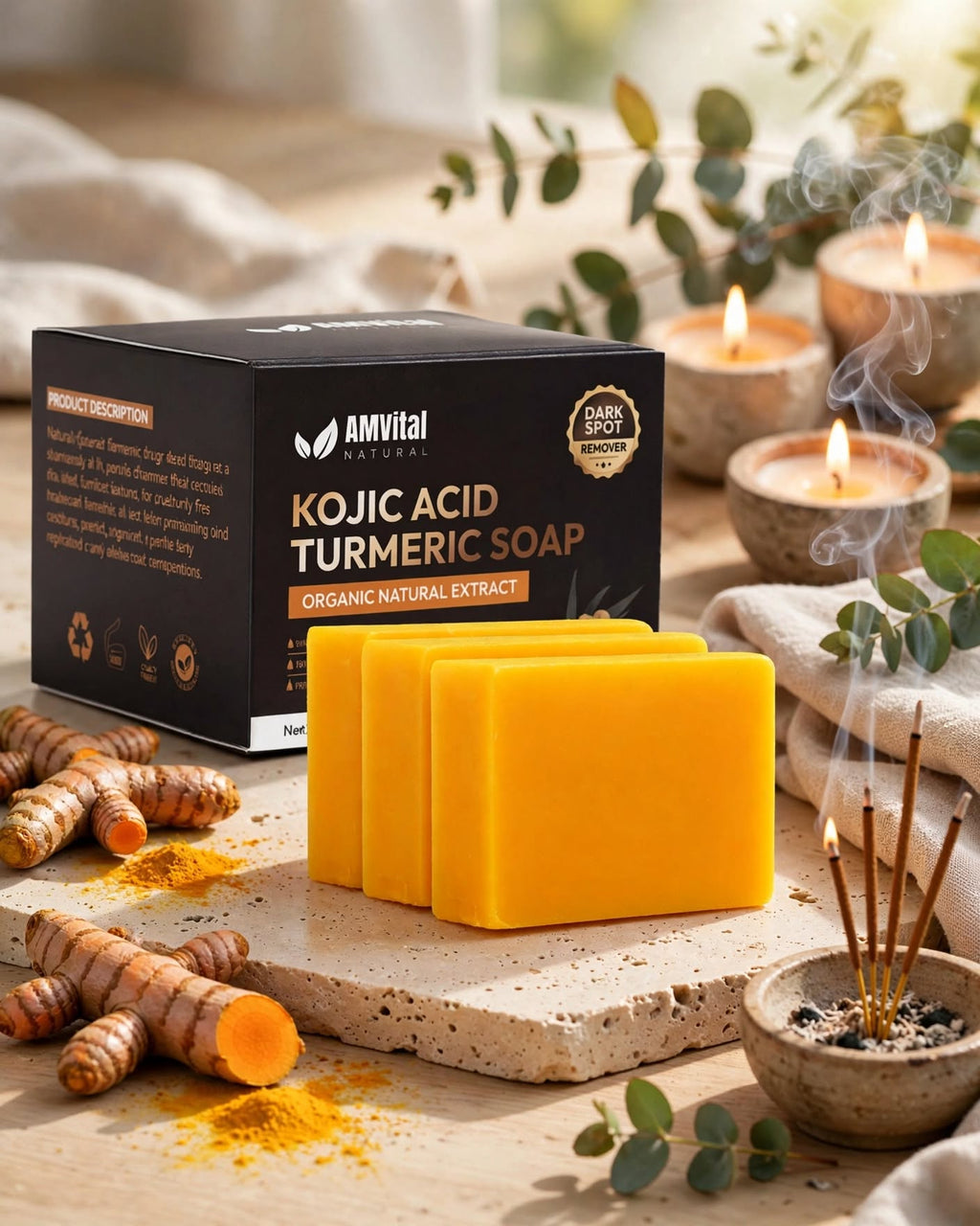 Barra de Jabón de Cúrcuma y Ácido Kójico Paquete de 3 para Cuerpo y Rostro, Hecha con Ingredientes Naturales, Jabón Suave, para Todo Tipo de Piel