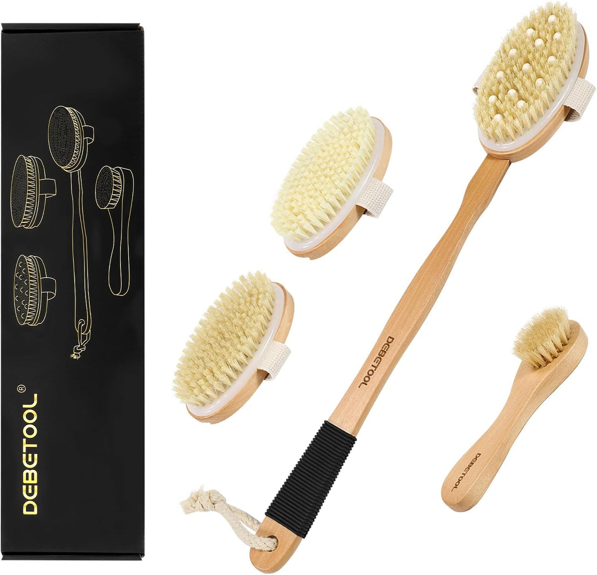 Cepillo corporal en seco de madera con cerdas naturales y 3 cabezales