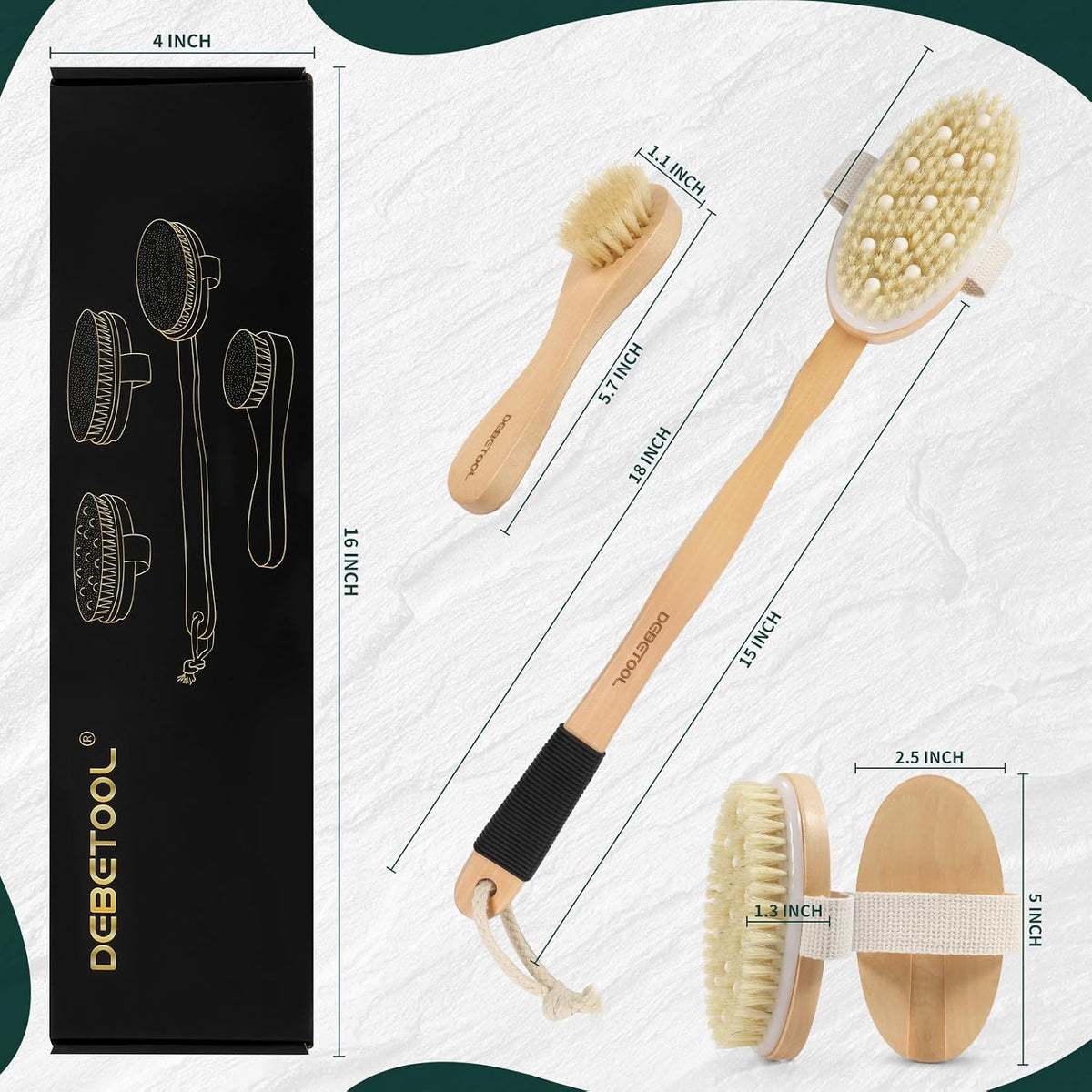Cepillo corporal en seco de madera con cerdas naturales y 3 cabezales – imagen 2